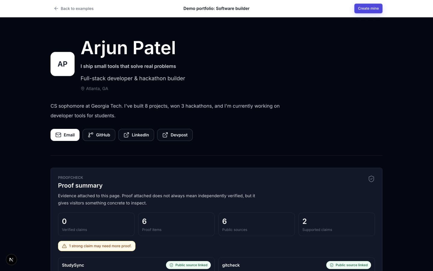 Fictional seeded ProofPage profile for Arjun Patel, software builder