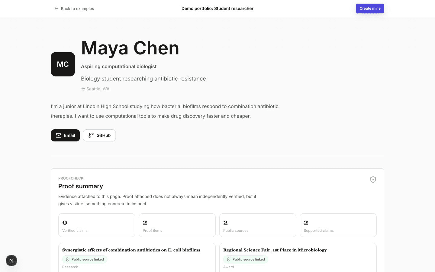Fictional seeded ProofPage profile for Maya Chen, student researcher