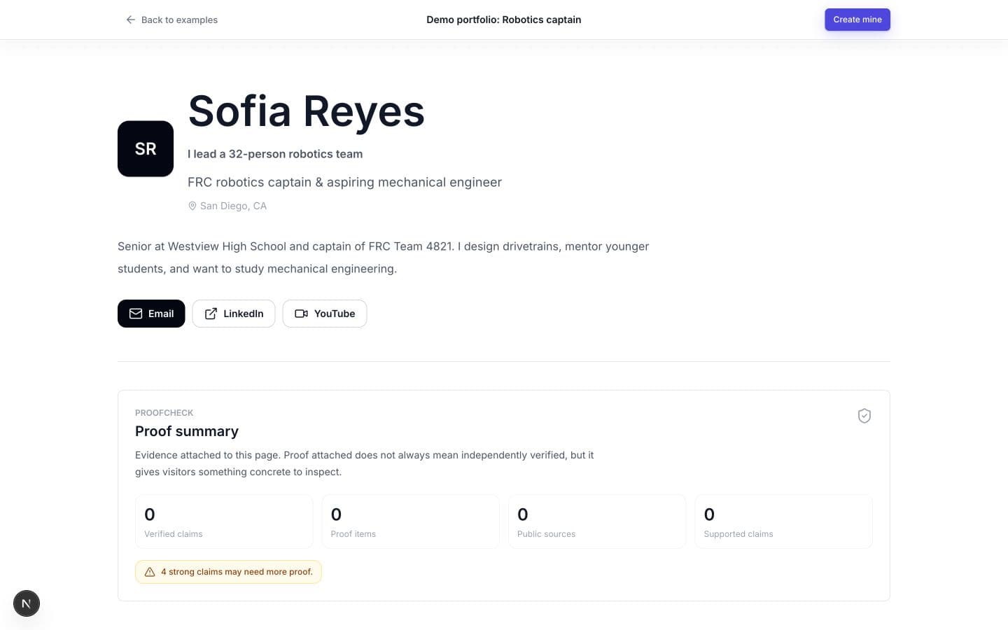 Fictional seeded ProofPage profile for Sofia Reyes, robotics captain