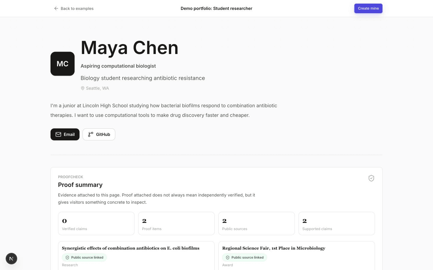 Maya Chen's fictional seeded ProofPage profile showing her biology research and supporting evidence